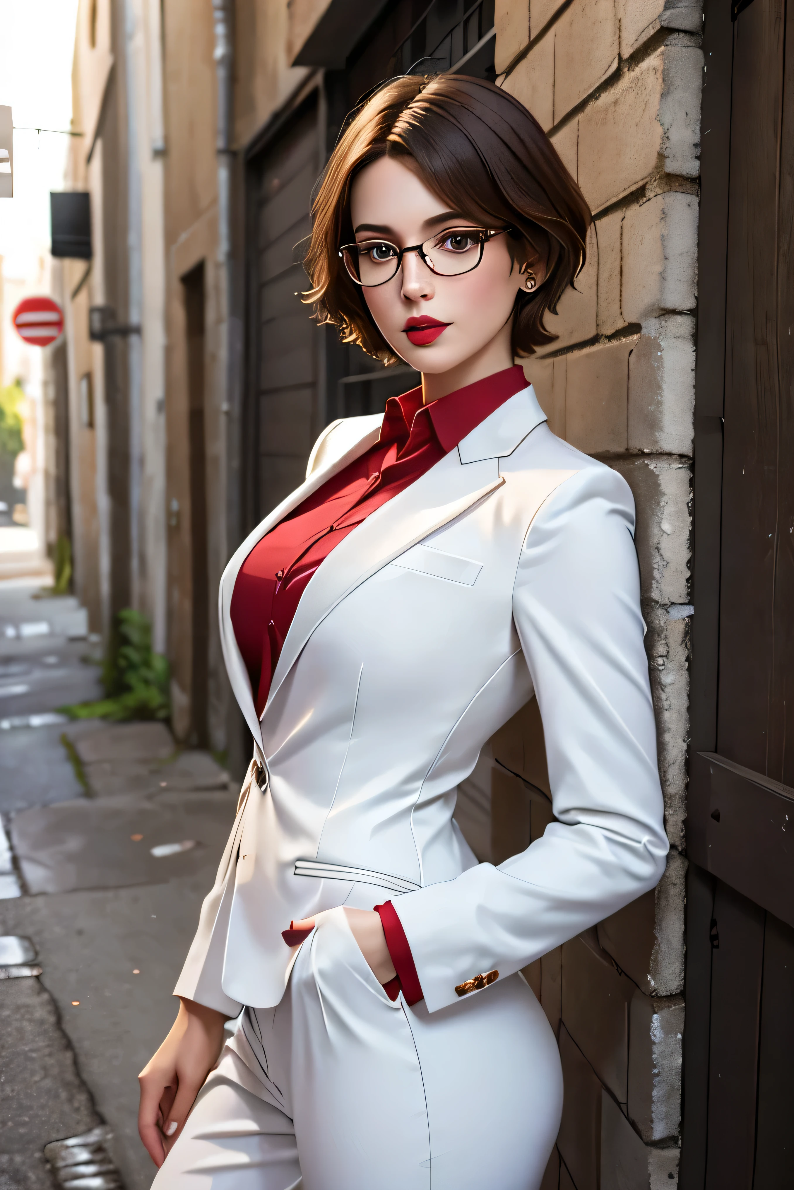 ((Best quality)), ((masterpiece)), ((realistic)), (hyperrealism:1.2), A photo ((portrait)) of a young, nerdy woman standing in a back alley, looking at the viewer. short hair, slender, red lips, flirting with the camera.Wearing a tight sexy white suit, open front, ((detailed face))
