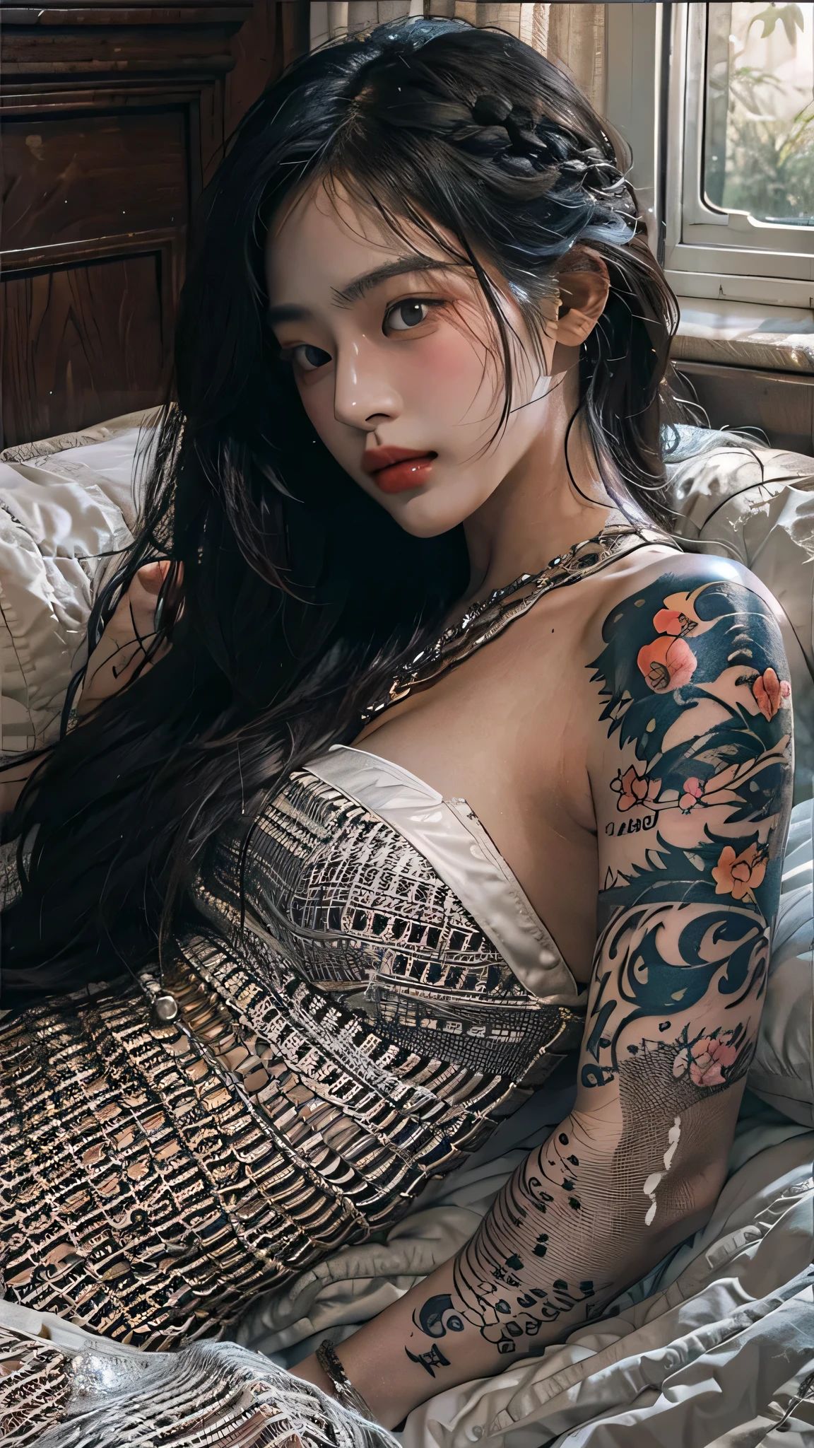 photorealistic, high resolution, soft light,1women, solo, hips up, shinning skin, (detailed face), jewelry, tattoo, super long hair,), black hair, long hair, mafia, cool, handsome woman, seductive, small breast, at the bed, viewers wife, our wife, gangsta wife, mafia wife, morning wife