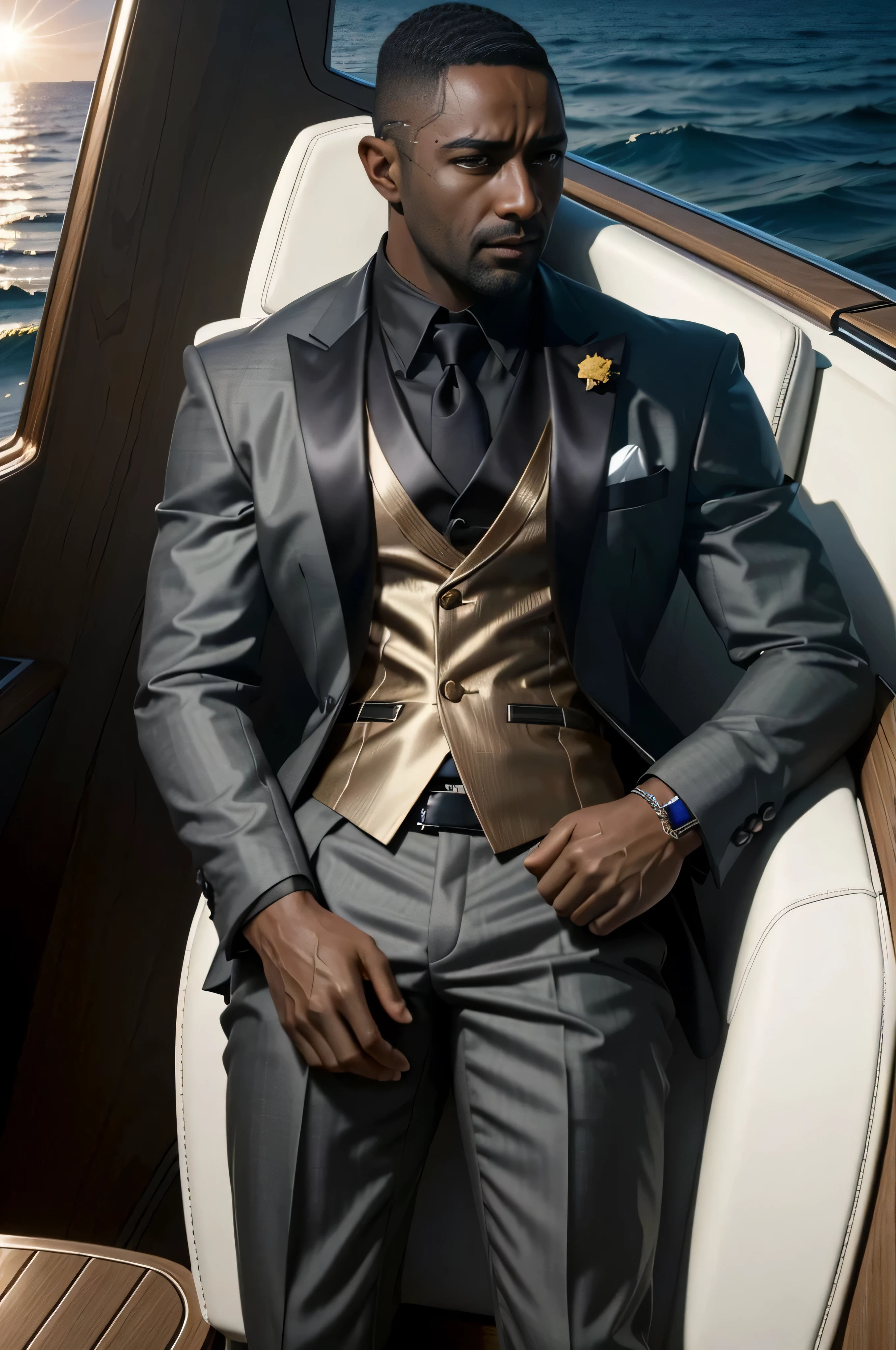 (masterpiece:1.2), (best quality:1.2), (high resolution:1.2)
CyberReed, 1boy, dark-skinned male, buzz cut, on a luxury yacht, dressed in a sharp suit, looking out at the ocean as the sun sets in the distance