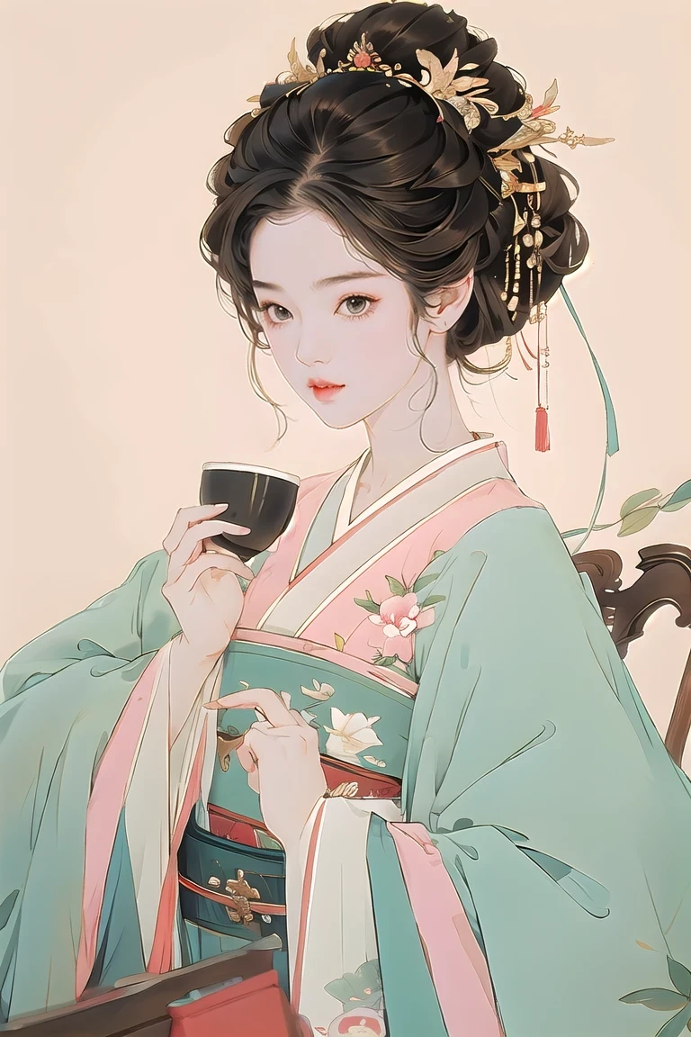 Hay una joven sosteniendo una taza de café en sus manos., chica linda y delicada cara, Cara de anime linda y natural., Tiene una cara linda y delicada., Chen Sumi, Chiho, Yoshitomo Nara, cara joven y linda, hermosa cara de niña japonesa, cabello castaño y ojos grandes, linda chica kawaii, Hermosos ojos grandes y brillantes