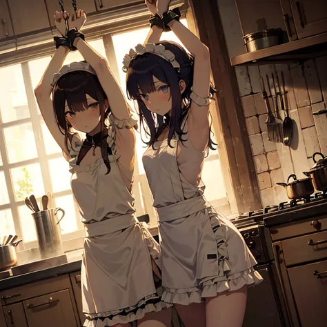 A group of  maids, (in kitchen), various hair styles, harem, wearing maid clothes, night, details face, short skirt, seducing, a...