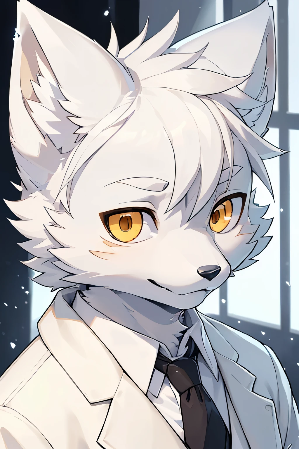 ((best picture quality))，masterpiece，the only person，Super detailed，(male arctic fox:1.5), (white skin:1.3), hairy，(white fur:1.3),((golden pupils)) ,(gray ears),(hairy 动物 耳朵s)，((Suit))，((collared shirt))，Detailed face，Detailed clothes，upper part of body，Character close-up