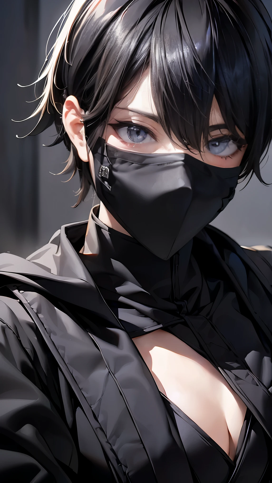 highest quality、masterpiece、8K、realistic、ultra high resolution、very delicate and beautiful、HDR、cinematic lighting、cowboy shot、portrait、perfect female body、Beautiful woman、mature woman、Contrasting、put your hand on your head、look at the audience、((short hair:1.6, black hair))、((assassin:1.9、Black clothing that blends into the darkness:1.3、Black ninja costume:1.7、A black mask with slits for hiding:1.4))、Ninja Tool Bag、Eyes of the Night、Shadow Power