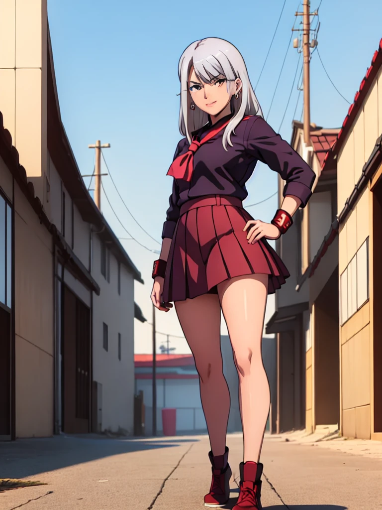 cartoon, sukeban illyasviel_von_einzbern, mature_female, silver hair, holding yoyo, combat pose, full body, flowing hair, hair between the eyes, asymmetrical hair, red eyes, delicate facial features, sukeban deka clothe, looking_at_viewer, outdoors, background tokyo, ((solo girl:1,5))+++++,woman in a 80's sukeban seifuku standing on a set of strees, black , 80's japanese sukeban photo, sukeban seifuku,  80's japan, sukeban, long black skirt, red converse, full body, light skin tone female, full body, tape, arm_support, gloves, red_gloves, bridal gauntlets, blackred_footwear, fighter outfit, full body, hourglass, mature face, cheeky smile, cheeky face, wrinkles,( silver long hair, earrings, ear piercings), (fighting art, Martial arts, standing, fighting_stance, fight, fighting), extra colors, 2D, megapixel, perfectionism, accent lighting, full HD , 4K, masterpiece, empty red eyes,  extra colors, 2D, megapixel, perfectionism, accent lighting, full HD , (Masterpiece:1.2), (full-body-shot:1),(cowboy shot:1.2), (Highly detailed:1.2),(anime Detailed Face:1.2), Colorful, A detailed eye, (Detailed landscape:1.2), (natural lighting:1.2), ((sukeban school teacher)) by Vincent Di Fate: Aidyllery, Anamorphic Shot, rule of thirds, face by Artgerm and WLOP, ((street of rage 4 city backround)), fictive city backround in the style art of street of rage 4,