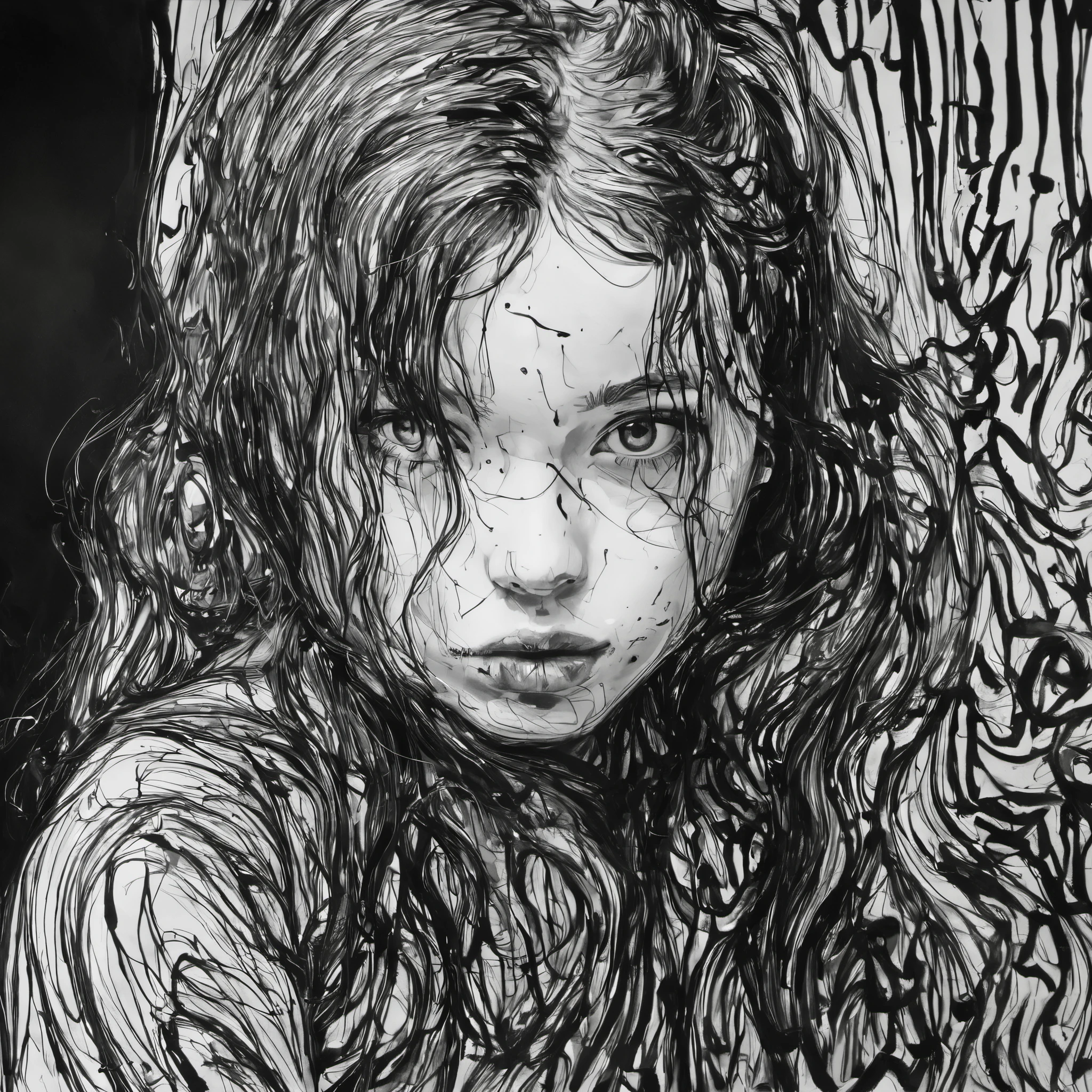 a portrait  of girl, black and white line  