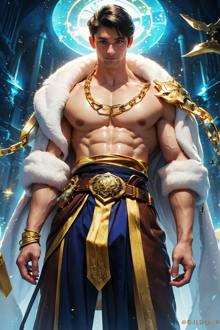 A muscular Korean man in a wonderland, 20 years, Wear a rich white color with snow. (Layer of fur on shoulders and back) With a very long battery life, Underneath which his very muscular body could be seen., Focus on the male body. Above his head, there was a halo surrounded by white clouds and golden divine light., (Its body was decorated with gold chains filled with precious gems., Finger Ring), (Heavy belt with gold bra with sparkling gems.). Seductive crotch. He has short, shaved black hair and large, expressive green eyes.. The clock ticks in the distance.. This scene looked like something out of the realm of fantasy or legend seen from above.