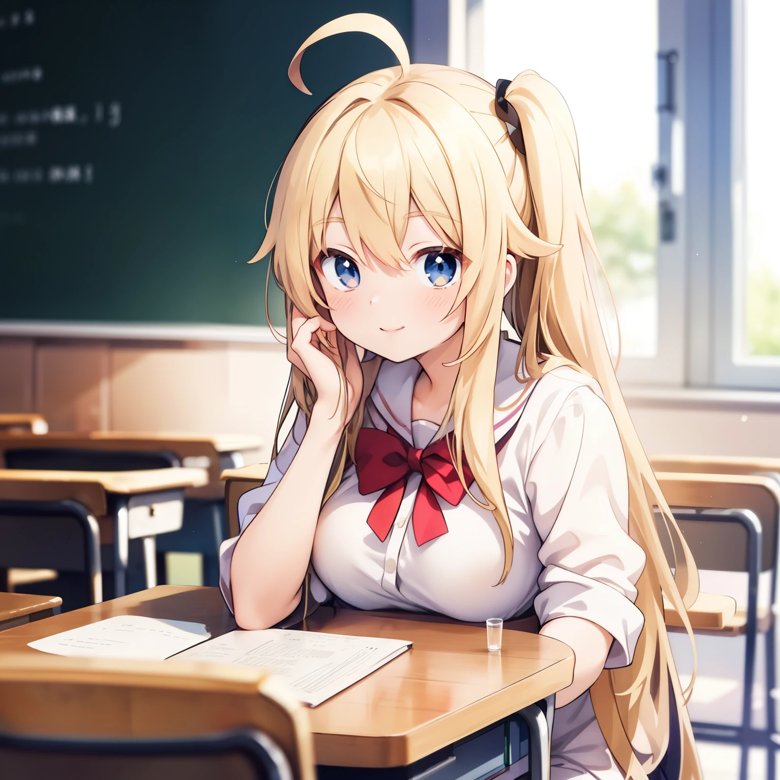 smile,big breasts、anime girl sitting at a desk with a book in front of her, beautiful anime high school girl, blonde anime girl with long hair, anime visual of a cute girl, a hyperrealistic , realistic , hyperrealistic , anime moe artstyle, school girl, anime best girl, in a classroom, anime girl desktop background, young anime girl