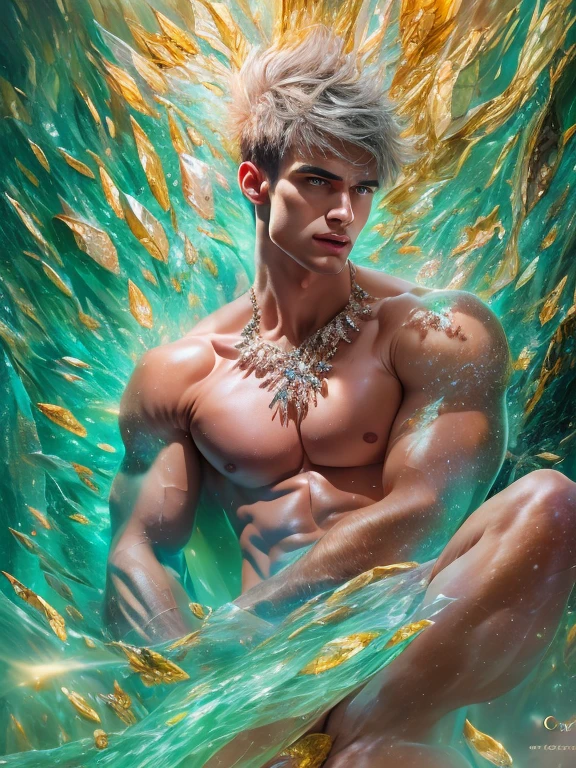 (realistic, Masterpiece, best quality, height, Highly detailed), Handsome young man poses nude surrounded by crystal, The identity of the crystal as a human, 18 year old male, bright colors, realistic light, SPARKLING REFLECTION, Bright and radiant skin, Chisel body, intense stare, striking features, Well-defined jaws, messy hair, Confident and relaxed posture, artistic elements, Elegant and elegant gestures, Fascinating and mesmerizing expression, The man's body is covered with delicate and complex crystals., Create a mesmerizing and ethereal effect., Impeccable attention to detail, Flawless surface rendering, The perfect combination of realism and fantasy, Incredible depth and dimensions, The difference that attracts attention between the smoothness of men's skin and the texture of the crystals, The combination of the human shape with the crystal that surrounds it seamlessly, Causes a sense of elegance, beauty, and mystery, A powerful symbol of purity and strength, embodied by the elements of the crystal., Expertly applied shadows and highlights to enhance the three-dimensional quality of the image., Expertly using colors to create a dream-like atmosphere, Delicate and delicate light and shadow, Create beautiful, spectacular and emotional scenes, Exquisite workmanship and skillful execution, capturing the essence of both the human form and the ethereal beauty of crystals, Create an impressive and memorable viewing experience.front view,full body image,((((Convex crotch))))