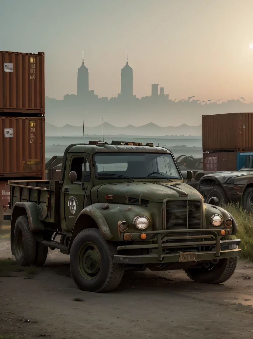 ((masterpiece、highest quality、genuine、Super detailed、High resolution、sharp focus、Live shooting、cinematic lighting))、((vehicle focus、there are no humans))、A huge bonnet truck loaded with containers、Long body、A six-tired transport vehicle、Abandoned city at dusk、Olive drab paint、zeekars