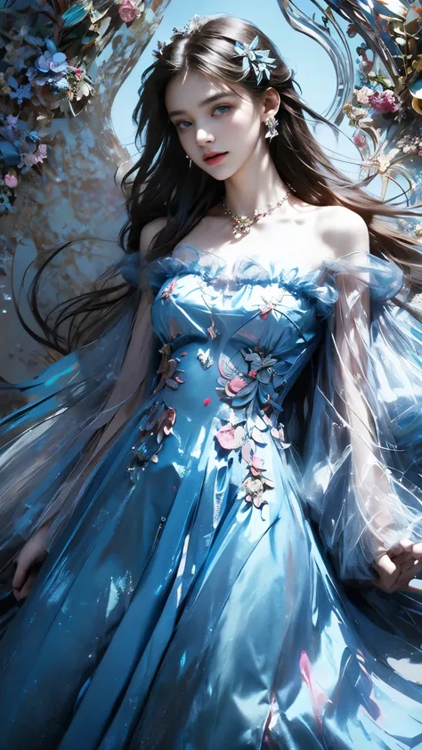 8K, ultra hd, masterpiece, 1 girl, (good face:1.4), detailed eyes, very long hair, impressive hairstyle, earings, necklace, small breasts, (blue dress:1.5), see-through, tulle dress, (block dress:1.5) Light-colored foundation brings out the transparency of...