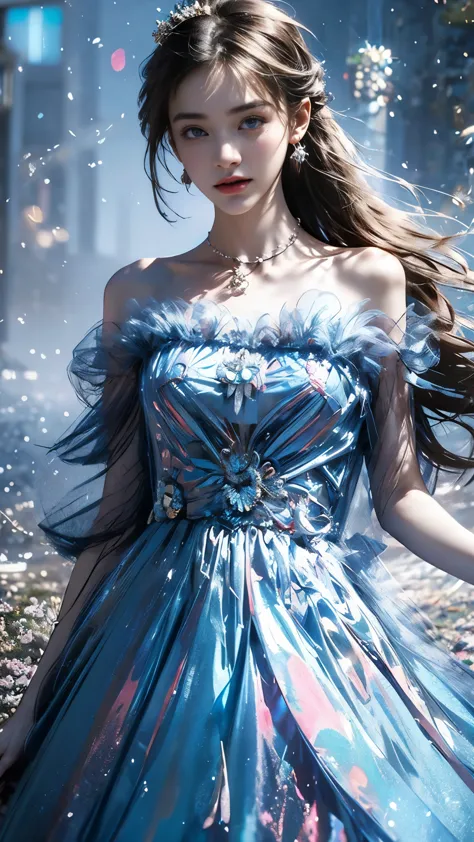 8K, ultra hd, masterpiece, 1 girl, (good face:1.4), detailed eyes, very long hair, impressive hairstyle, earings, necklace, small breasts, (blue dress:1.5), see-through, tulle dress, (block dress:1.5) Light-colored foundation brings out the transparency of...