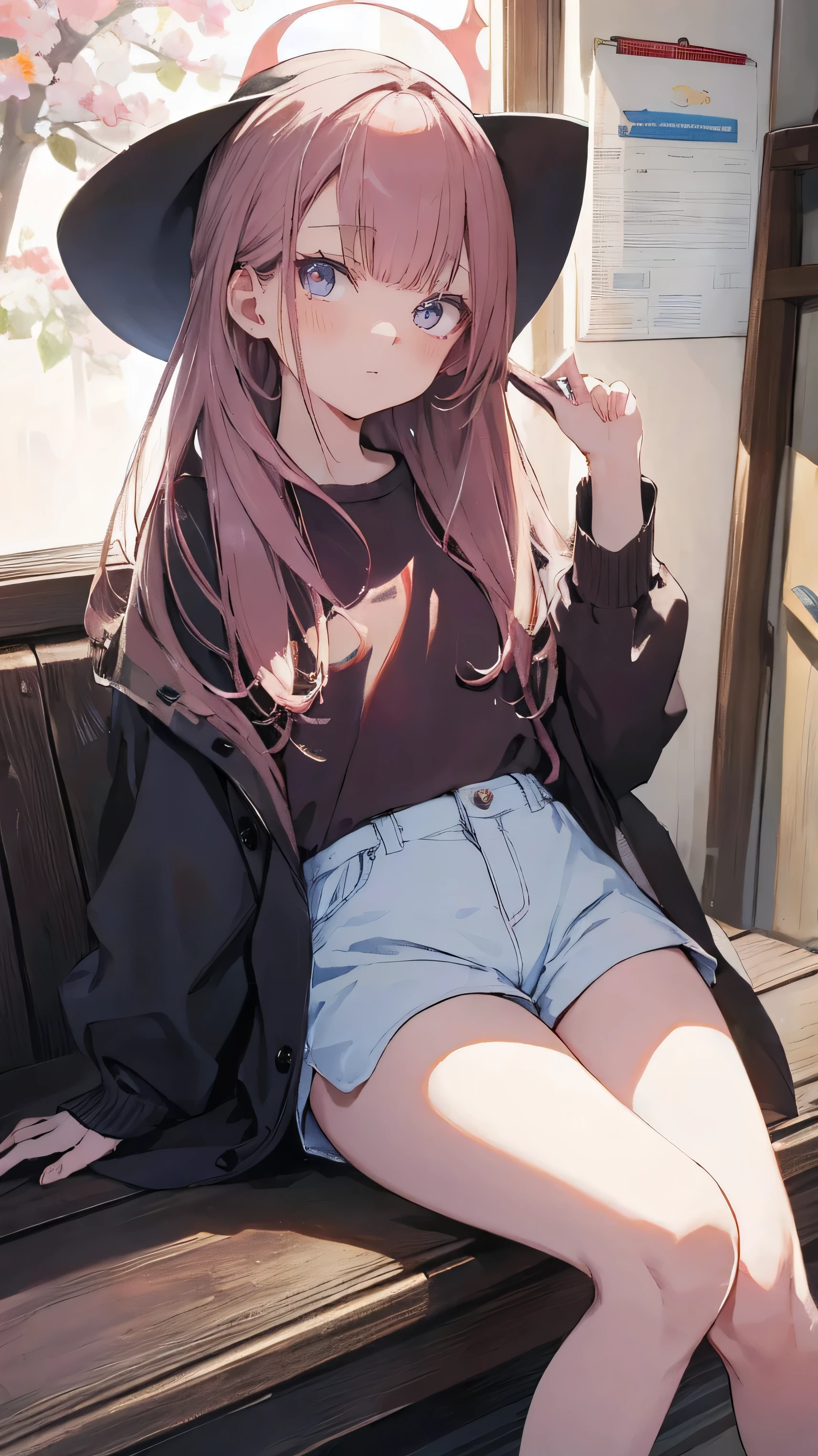 Anime girl sitting on a bench with a hat on - SeaArt AI