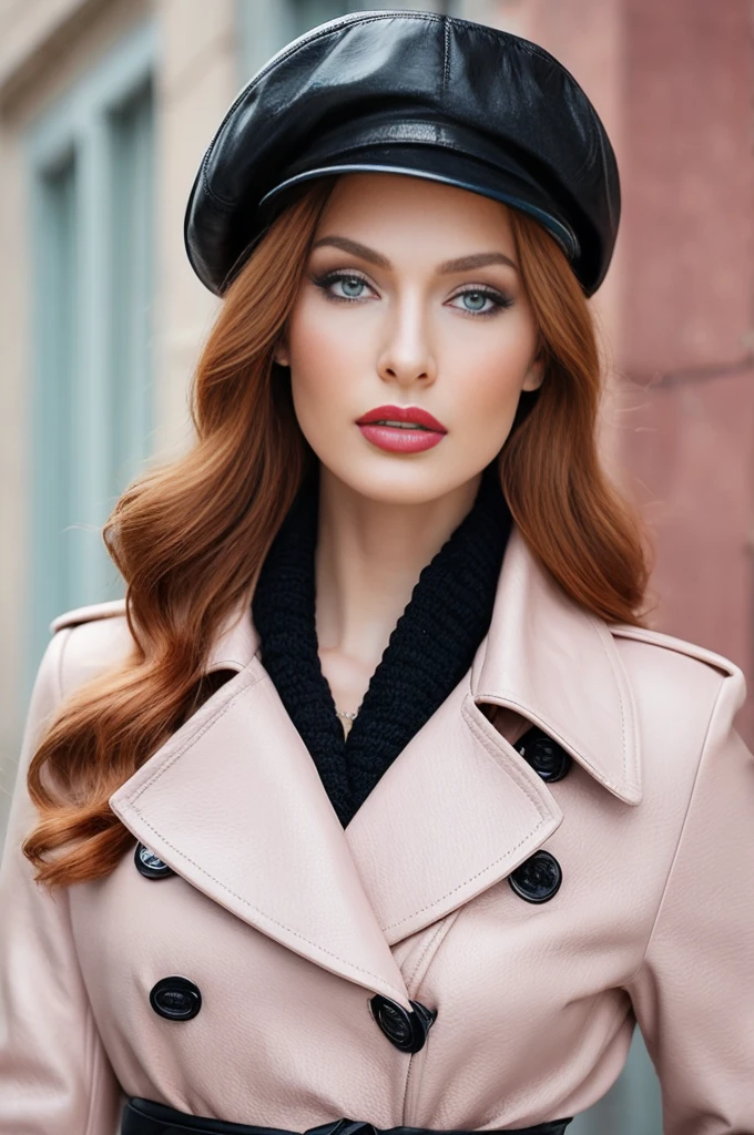 ภาพระยะใกล้ของความงดงาม, สวย, stunning russian woman wearing a classy สง่างาม outfit: เทรนช์โค้ตหนังกระดุมสองแถวสีชมพูอ่อนมีเข็มขัดพร้อมกระดุมสีดำ, เสื้อสเวตเตอร์สีดำ,หมวกเด็กส่งหนังสือพิมพ์สีดำ. หญิงผมแดงจากรัสเซีย, ละเอียดอ่อน red lips, สีผิวสีชมพูพาสเทล, ผิวสีซีดนุ่มนวลไร้ที่ติ, สง่างาม make-up, ลิปสติกสีแดง. ดีงาม, สง่างาม, ผู้หญิงผมแดงที่มีความซับซ้อน, ผู้หญิงที่สง่างาม, ฝันถึงความงาม, ความงามอันบริสุทธิ์, ความงามแห่งนางฟ้า, ละเอียดอ่อน, อ่อนไหว, อ่อนโยน, น่ารัก, โรแมนติก, ใจดี, เป็นผู้หญิงและแข็งแกร่ง, กล้าหาญ, ผู้หญิงที่มุ่งมั่นจากรัสเซีย. ดูหรูหรา, ผมขิงหยักสลวยและเปล่งประกาย. เธอกำลังทำโฟโต้บุ๊ค, โพสท่าสำหรับกล้อง, ภาพถ่ายมืออาชีพ, ภาพถ่ายบรรณาธิการ, ภาพถ่ายบุคคลของนางแบบชาวรัสเซีย.