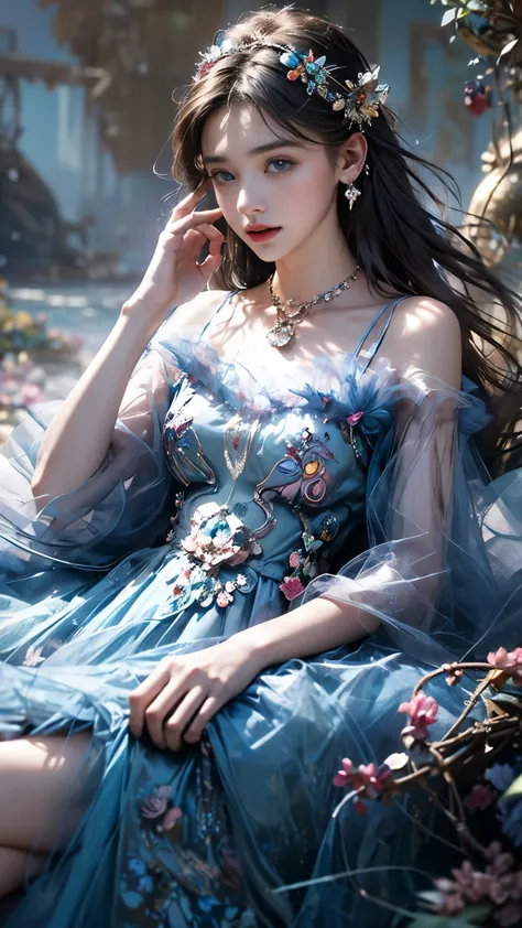 8K, ultra hd, masterpiece, 1 girl, (good face:1.4), detailed eyes, very long hair, impressive hairstyle, earings, necklace, small breasts, (blue dress:1.5), see-through, tulle dress, (decorated dress:1.5) Light-colored foundation brings out the transparenc...