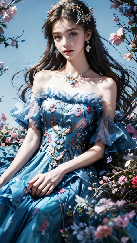 8K, ultra hd, masterpiece, 1 girl, (good face:1.4), detailed eyes, very long hair, impressive hairstyle, earings, necklace, small breasts, (blue dress:1.5), see-through, tulle dress, (decorated dress:1.5) Light-colored foundation brings out the transparenc...