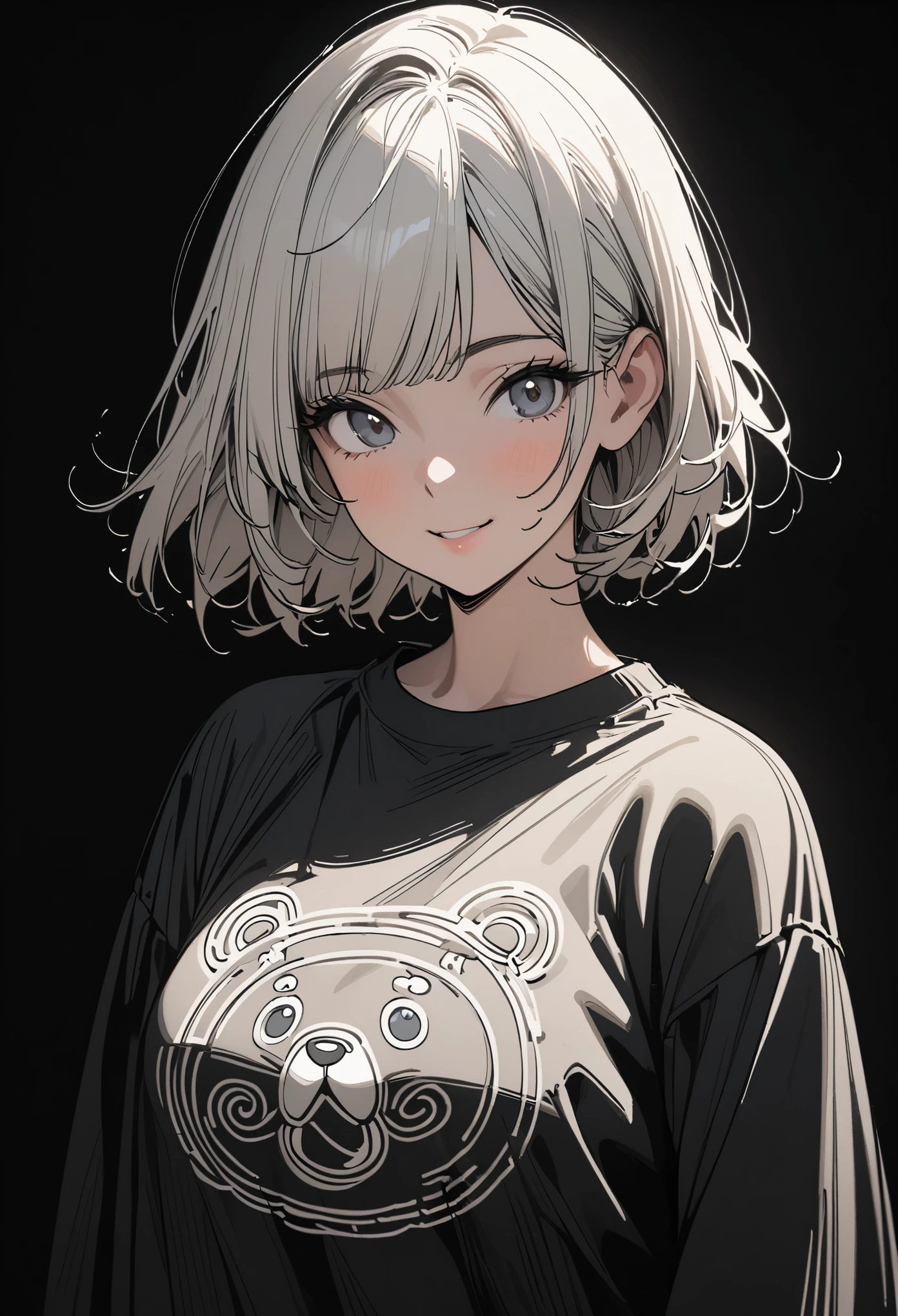 Anime girl with white hair and a black shirt with a panda on it - SeaArt AI