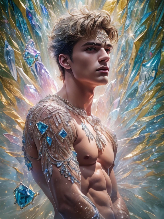 (realistic, Masterpiece, best quality, height, Highly detailed), Handsome young man poses nude surrounded by crystal, The identity of the crystal as a human, 18 year old male, bright colors, realistic light, SPARKLING REFLECTION, Bright and radiant skin, Chisel body, intense stare, striking features, Well-defined jaws, messy hair, Confident and relaxed posture, artistic elements, Elegant and elegant gestures, Fascinating and mesmerizing expression, The man's body is covered with delicate and complex crystals., Create a mesmerizing and ethereal effect., Impeccable attention to detail, Flawless surface rendering, The perfect combination of realism and fantasy, Incredible depth and dimensions, The difference that attracts attention between the smoothness of men's skin and the texture of the crystals, The combination of the human shape with the crystal that surrounds it seamlessly, Causes a sense of elegance, beauty, and mystery, A powerful symbol of purity and strength, embodied by the elements of the crystal., Expertly applied shadows and highlights to enhance the three-dimensional quality of the image., Expertly using colors to create a dream-like atmosphere, Delicate and delicate light and shadow, Create beautiful, spectacular and emotional scenes, Exquisite workmanship and skillful execution, capturing the essence of both the human form and the ethereal beauty of crystals, Create an impressive and memorable viewing experience.front view,full body image,((((Convex crotch))))