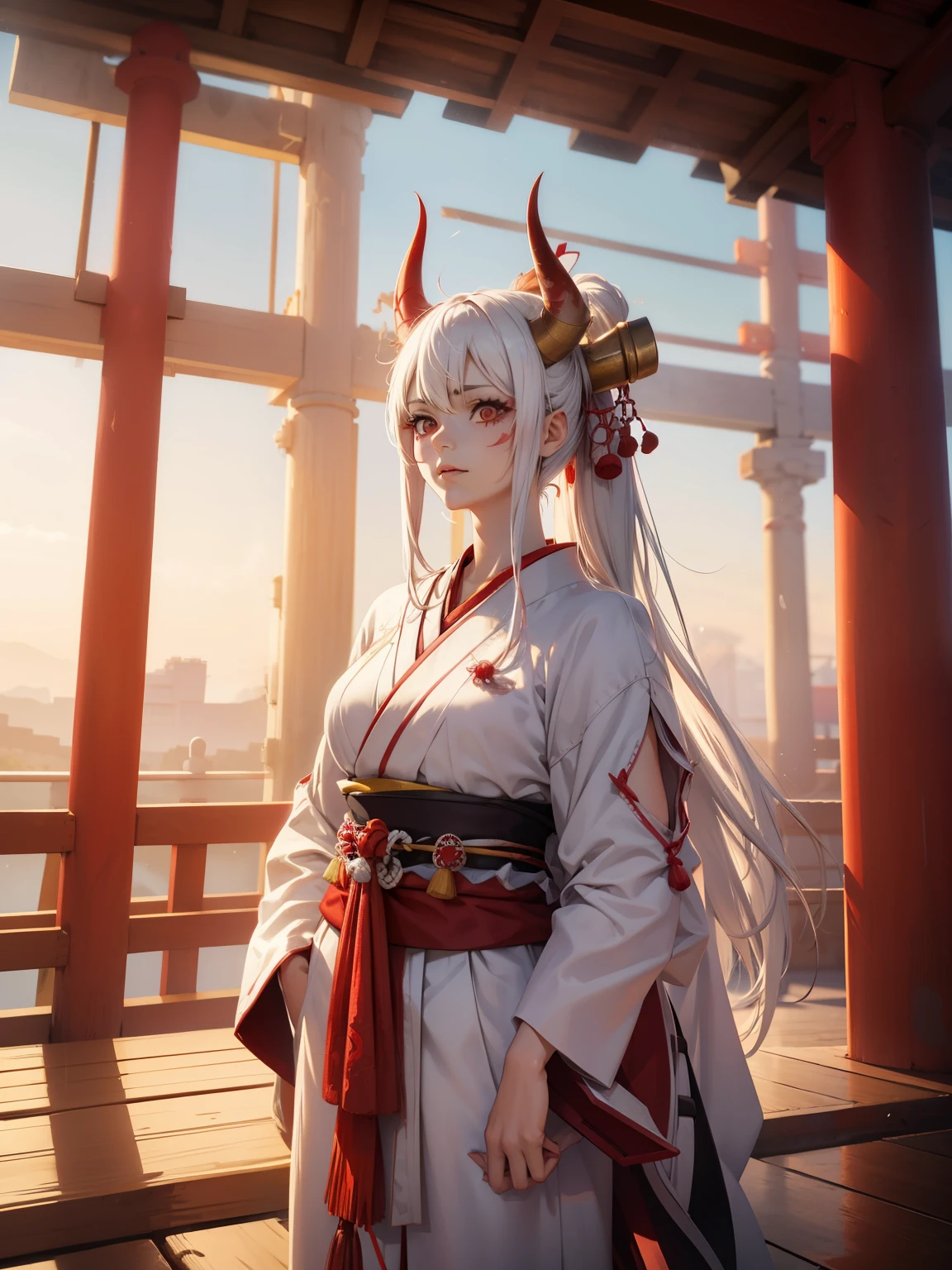 Mulher com chifres vermelhos na cabeça, em traje japonês, parado na beira do telhado, com cabelos brancos, (detalhes intrincados:0.9), (HDR, Hiper-detalhamento:1.2), (texturas naturais da pele, hiper-realista, luz suave, afiado)