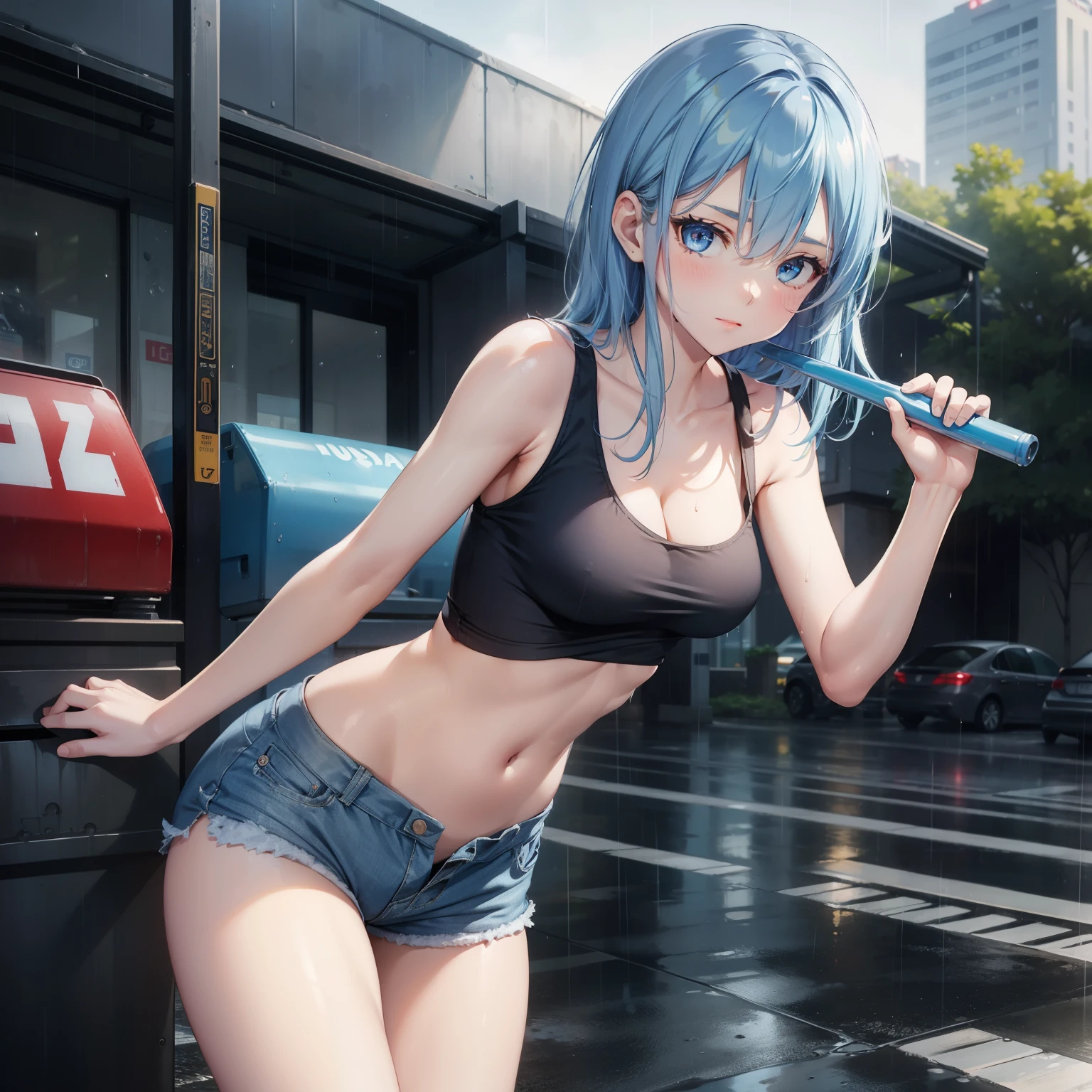 Anime girl with blue hair and blue eyes posing in the rain - SeaArt AI