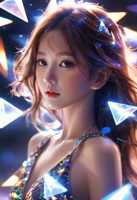 1girl，beautiful，blingbling，Motion blurred，triangle，Movie-level lighting effects