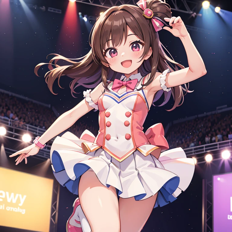 THE IDOLM@STER,idol costume,Photo session with fans,Idol Posing,,1girl,small breasts,anime style,highest quality,stage,mini skirt,white underwear,Jumping high,Smile cheerfully,random pose