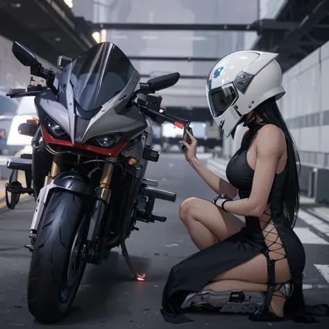 woman in black dress kneeling next to motorcycle with helmet on, sitting on cyberpunk motorbike, motorcycle, riding a futuristic...