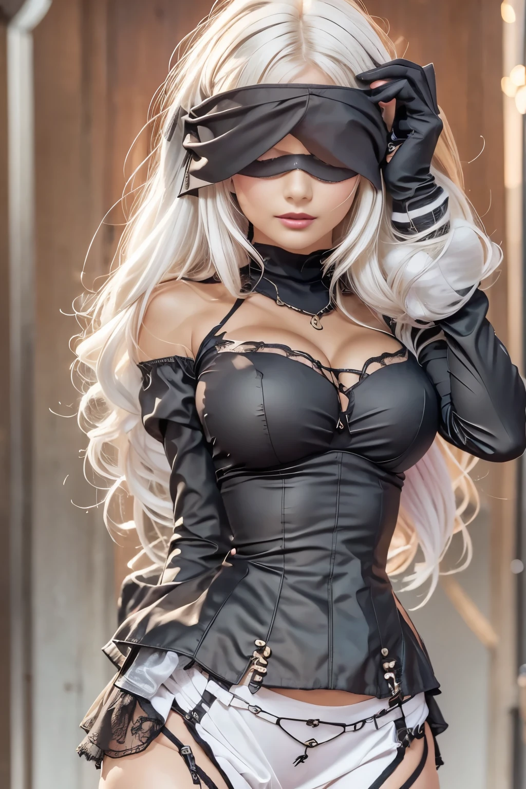 yorha no. 2 type b, 1girl, wlop, (blindfold), breasts, cleavage, cleavage cutout, clothing cutout, green background, hair between eyes, hairband, highres, juliet sleeves, long sleeves, nier (series), nier automata,  puffy sleeves, red lips, shaded face, short hair, solo, turtleneck, upper body, white hair, sky
