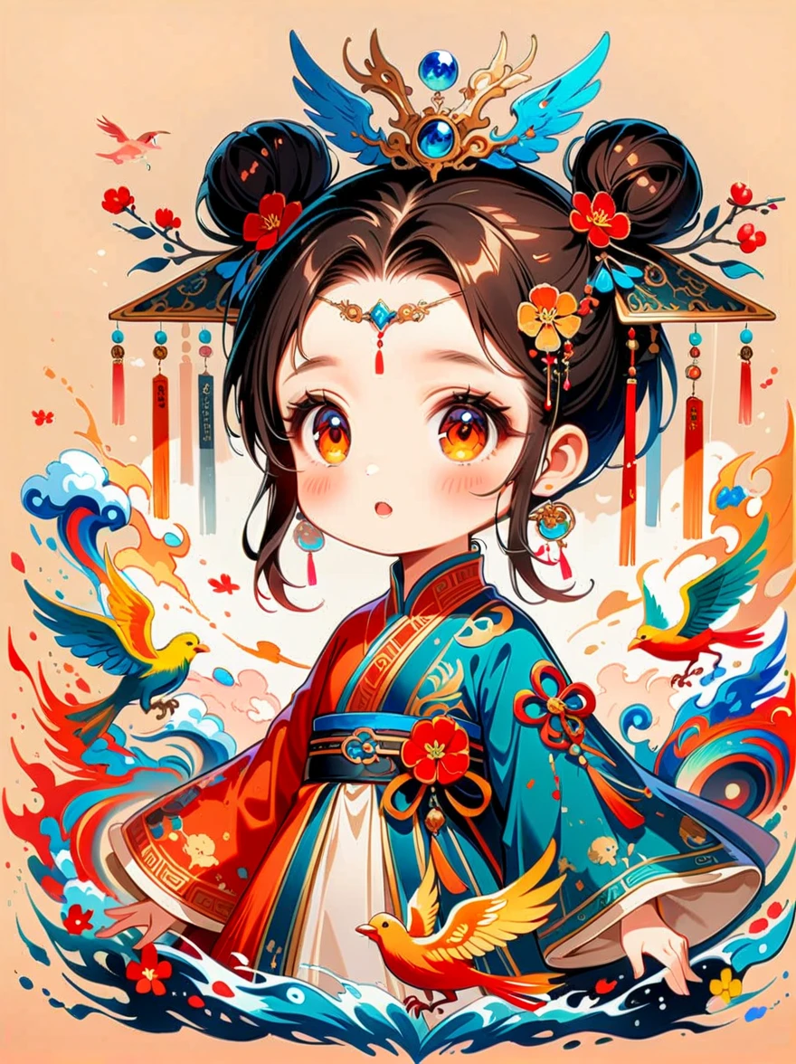 Works of Chinese style masters，shining，dream color，art，Ethereal，dream，((Beautiful 5 years old elf girl))，(((5 years old)))，((独奏))，cute，kawaii，Detailed facial features of a ，glowing eyes，Ethereal Radiance，wonderland，(Little)，((Bun hair bun))，composition，Dazzling colors，Stunning visual effects，otherworldly appearance，Fascinating artistry，(anatomically correct, 8k)