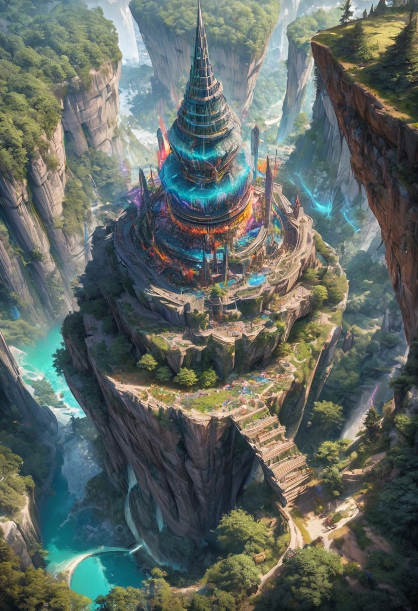 Aerial View of Towering steep and towering high Magic Tower in a cliff, wild forest, magic fog, Asymmetric magic circle cliff canyon, ((Aerial View):1.2), (glowing runes), (Glowing Talisman), Coexistence with the natural environment, Magic Tower, lush colorful wild forest, Beautiful scenery, Magic Tower, Very detailed, best quality, masterpiece, High resolution, surreal, 8K, Top view, high angle view, Blue Palette, Minimalism.