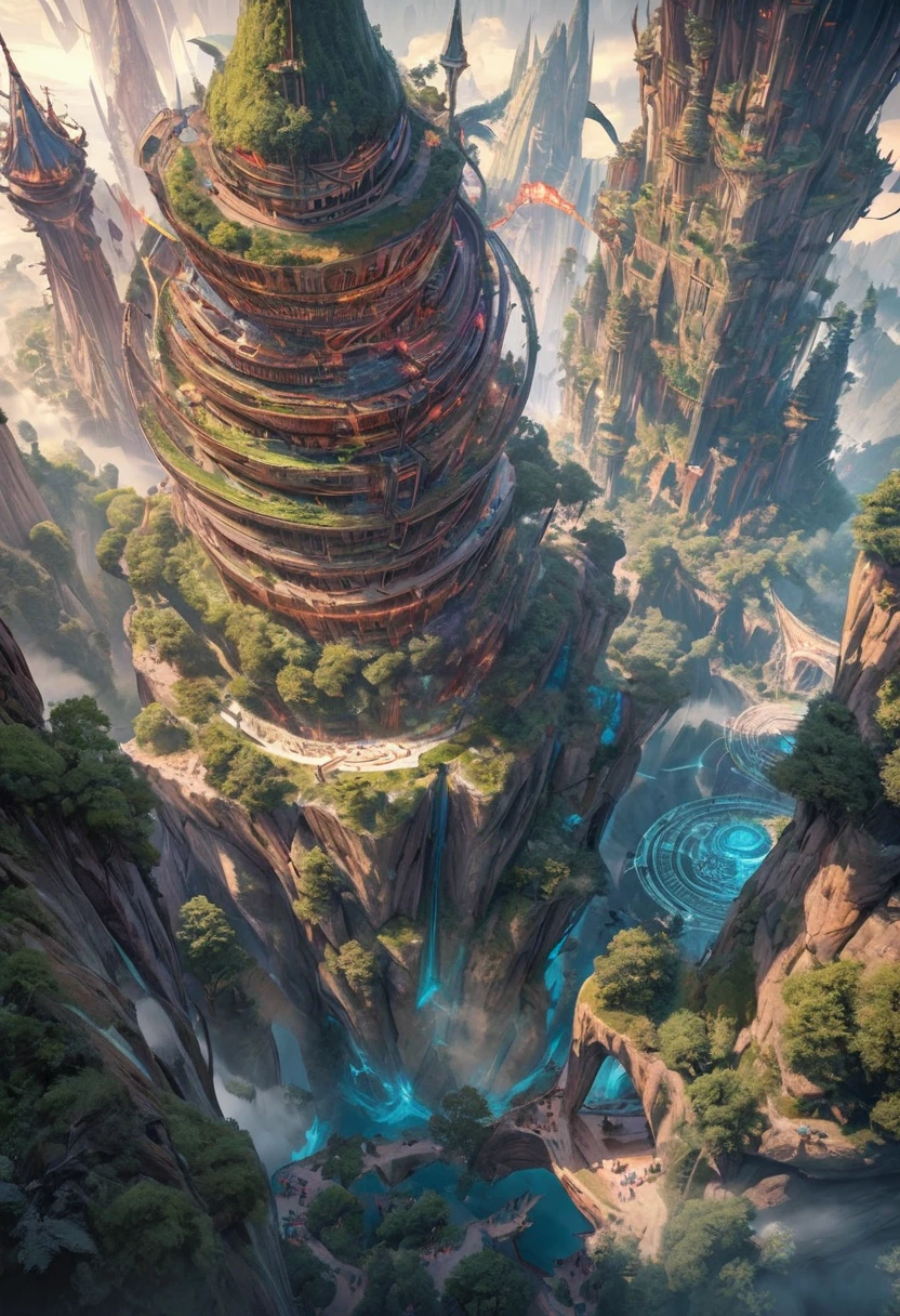 Aerial View of Towering steep and towering high Magic Tower in a cliff, wild forest, magic fog, Asymmetric magic circle cliff canyon, ((Aerial View):1.2), (glowing runes), (Glowing Talisman), Coexistence with the natural environment, Magic Tower, lush colorful wild forest, Beautiful scenery, Magic Tower, Very detailed, best quality, masterpiece, High resolution, surreal, 8K, Top view, high angle view, Blue Palette, Minimalism.