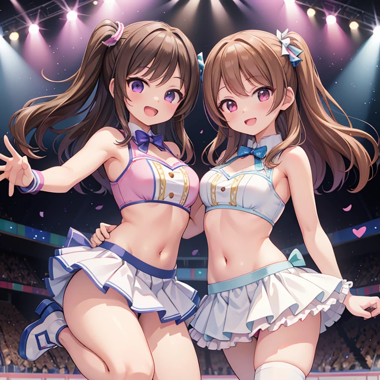 THE IDOLM@STER,idol costume,Photo session with fans,Idol Posing,,2girl,small breasts,anime style,highest quality,stage,mini skirt,white underwear,Jumping high,Smile cheerfully,random pose,She&#39;s kicking high and her underwear is showing