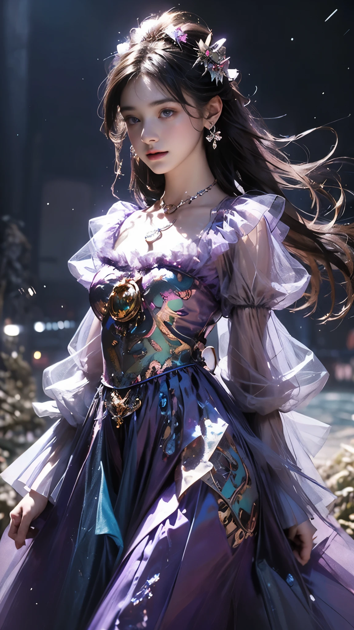 8K, ultra hd, masterpiece, 1 girl, (good face:1.4), detailed eyes, very long hair, impressive hairstyle, earings, necklace, small breasts, (purple outfit:1.5), see-through, tulle dress, (fantasy outfit:1.5) Light-colored foundation brings out the transparency of the skin, (in the wonderland:1.5), mystery, diwali lights, glowing lights, very decoration, The moonlight falls like water, perfect body,