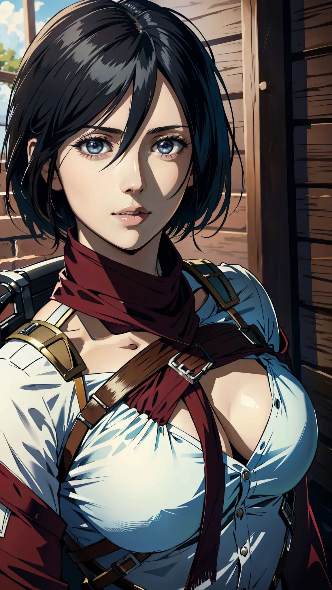 cleavage, 4k image, (masterpiece:1.2, best quality), photorealistic, (hyperrealistic:1.2), beautiful, Mikasa from AOT