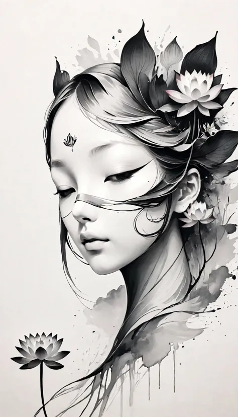 (anime line drawing:1.5)，(black and white painting:1.45)，minimalism，(line art:1.6)，sketch，charcoal drawing，mask，lotus