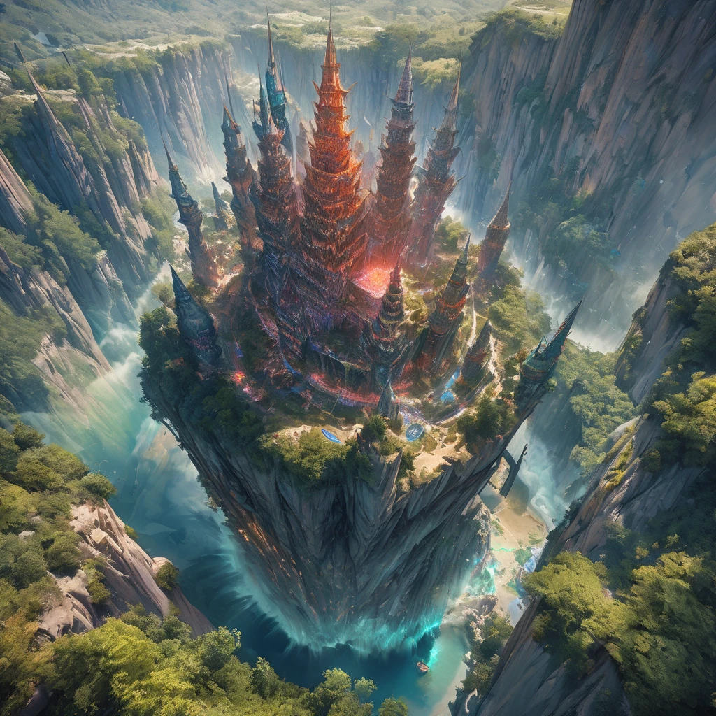 Aerial View of Towering steep and towering high Magic Tower in a cliff, wild forest, magic fog, Asymmetric magic circle cliff canyon, ((Aerial View):1.2), (glowing runes), (Glowing Talisman), Coexistence with the natural environment, Magic Tower, lush colorful wild forest, Beautiful scenery, Magic Tower, Very detailed, best quality, masterpiece, High resolution, surreal, 8K, Top view, high angle view, Blue Palette, Minimalism.