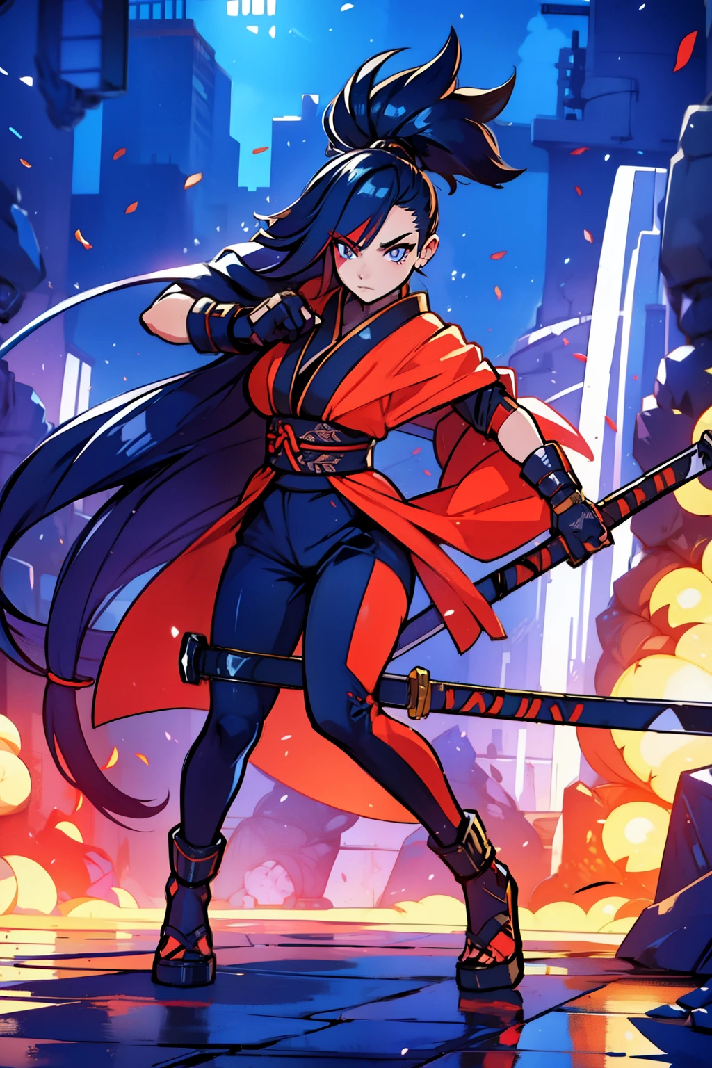 gorgeous woman, holding a giant katana on her shoulder, perfect face, ultra long hair, standing, ultra detailed face, kunoichi, perfect giant katana, heavy katana