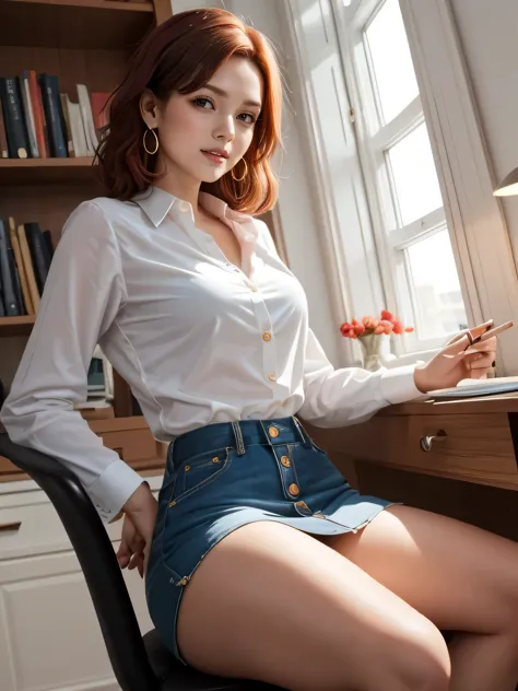 (clear, high-definition image), (job interview, Interviewer's perspective), frontal image of a woman wearing a miniskirt sitting...