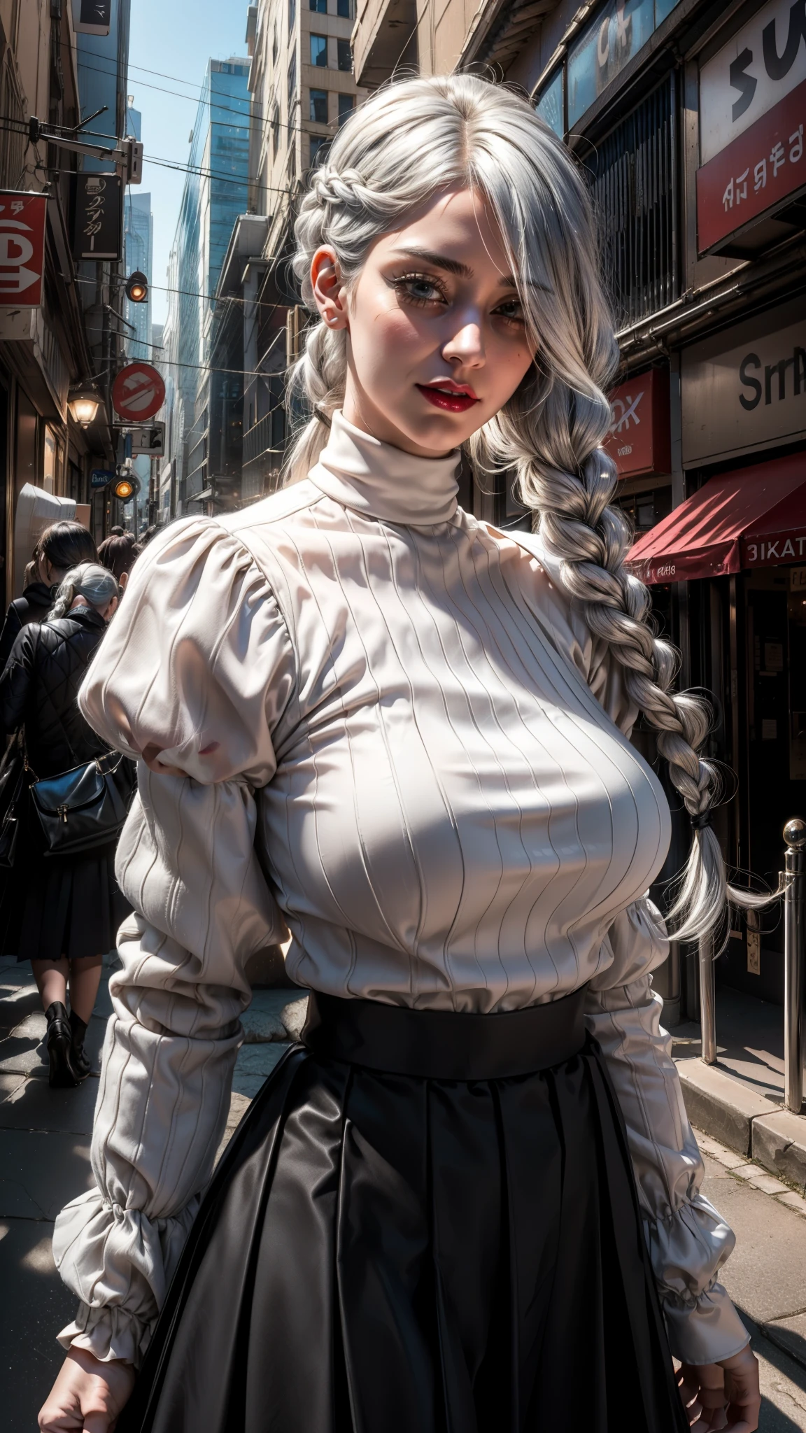 Ultra-realistic 8k CG, masterpiece, ((Super detailed background, Exquisite pattern, intricate details)), (Very detailed, Exquisite details), best quality, 1 girl, (lifelike:1.4),beautiful lights,  ridiculous, original photo, film grain, ((Large breasts, slim girl)), 1 girl, maybe, alone, long hair, braid, skirt, hair covering one eye, Smile, long sleeves, braided bangs, black skirt, braided ponytail, white hair, puffy sleeves, Keep, turtleneck skirt, cosmetic, gray hair, red lips, one eye covered, lipstick, open lips, single braid, (Complex and detailed background, external, city environment),