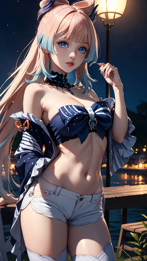 Masterpiece, high quality, 8k, ultra detail, ((kamisatoayakarnd)) standing, night,outdoors, (bandeau), navel, (shorts), (off sho...