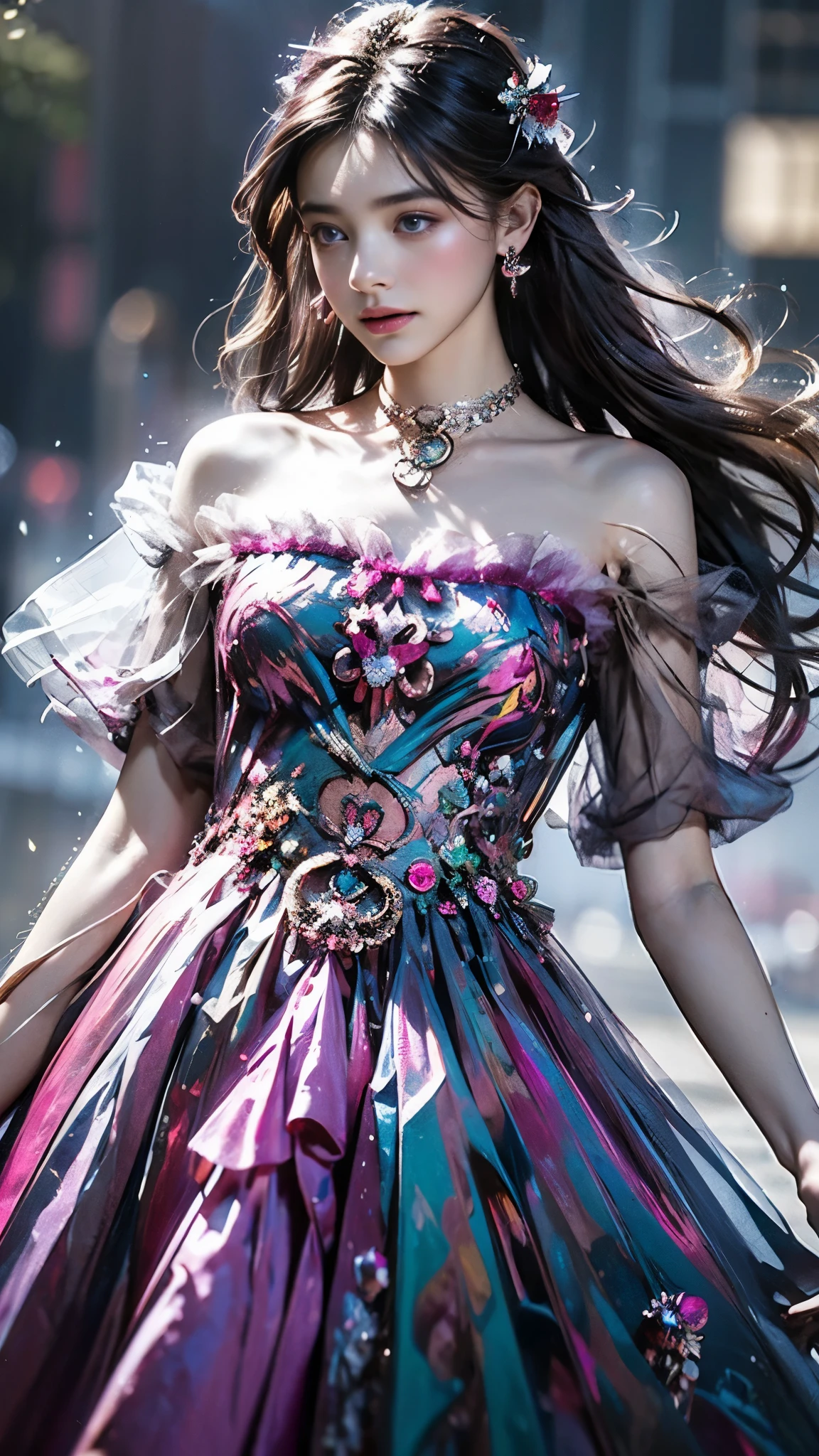 8K, ultra hd, masterpiece, 1 girl, (good face:1.4), detailed eyes, very long hair, impressive hairstyle, earings, necklace, small breasts, (magenta dress:1.5), see-through, tulle dress, (fantasy dress:1.5) Light-colored foundation brings out the transparency of the skin, (in the wonderland:1.5), mystery, diwali lights, glowing lights, very decoration, The lights falls like water, perfect body,