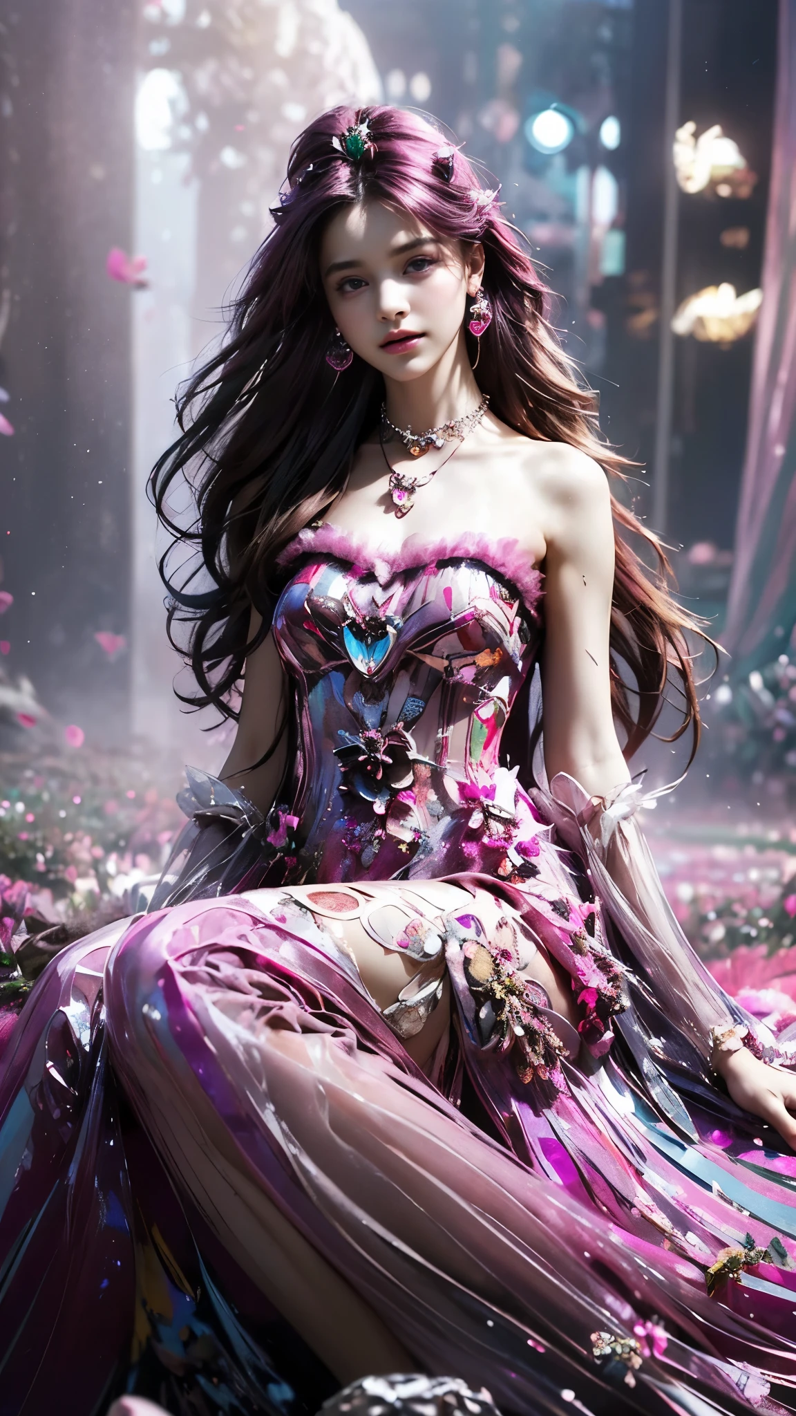 8K, ultra hd, masterpiece, 1 girl, (good face:1.4), detailed eyes, very long hair, impressive hairstyle, earings, necklace, small breasts, (magenta dress:1.5), (fantasy dress:1.5) Light-colored foundation brings out the transparency of the skin, (in the wonderland:1.5), mystery, diwali lights, glowing lights, very decoration, The lights falls like water, perfect body, sitting,