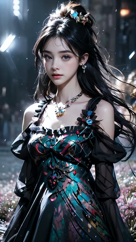 8K, ultra hd, masterpiece, 1 girl, (innocent face:1.4), detailed eyes, very long hair, impressive hairstyle, earings, necklace, small breasts, (black dress:1.5), (fantasy dress:1.5) Light-colored foundation brings out the transparency of the skin, (in the ...