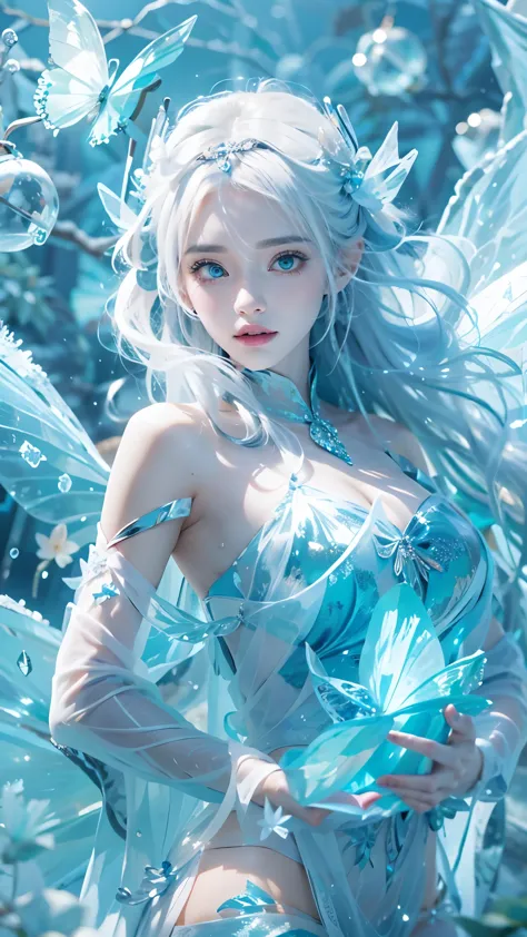 Frost Goddess,Frozen fluid,Ice World,ice,1girl,Translucent clothing,air bubble,blue butterfly,blue eyes,blue nails,breasts,Posit...