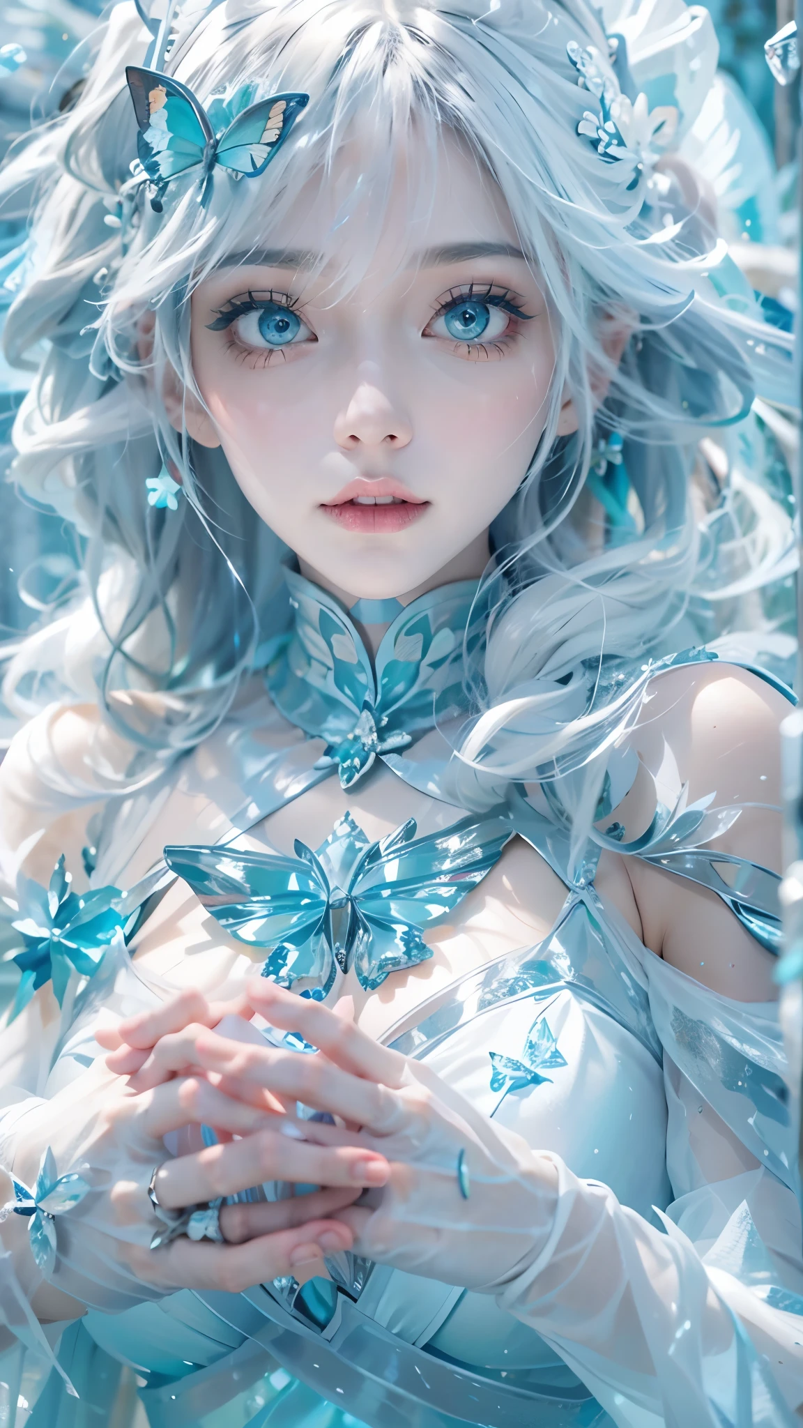 Frost Goddess,Frozen fluid,Ice World,ice,1girl,Translucent clothing,air bubble,blue butterfly,blue eyes,blue nails,breasts,Positive, character on the right, upper body, above knee level,Dynamic pose,bubble,Blue butterfly wings,butterfly wings,crystal,dress,glowing butterfly,long hair,looking at viewer,medium breasts,parted lips,solo,water