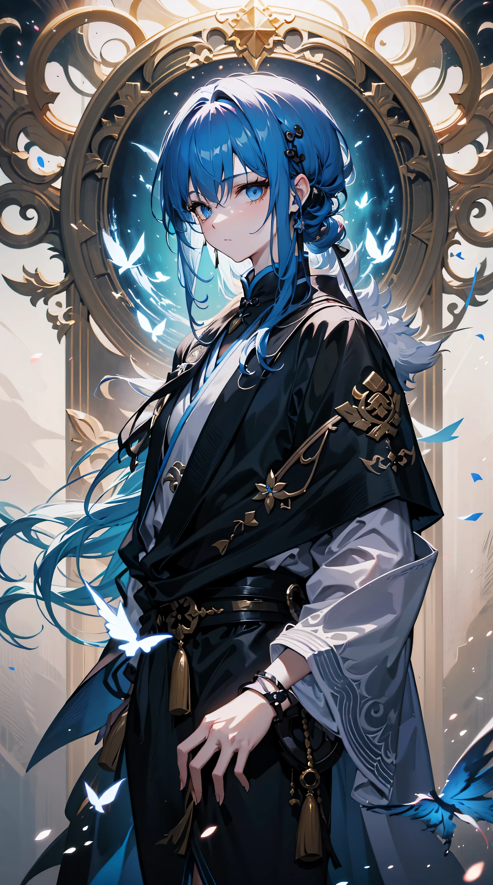 A close up of a person with blue hair and a black robe - SeaArt AI