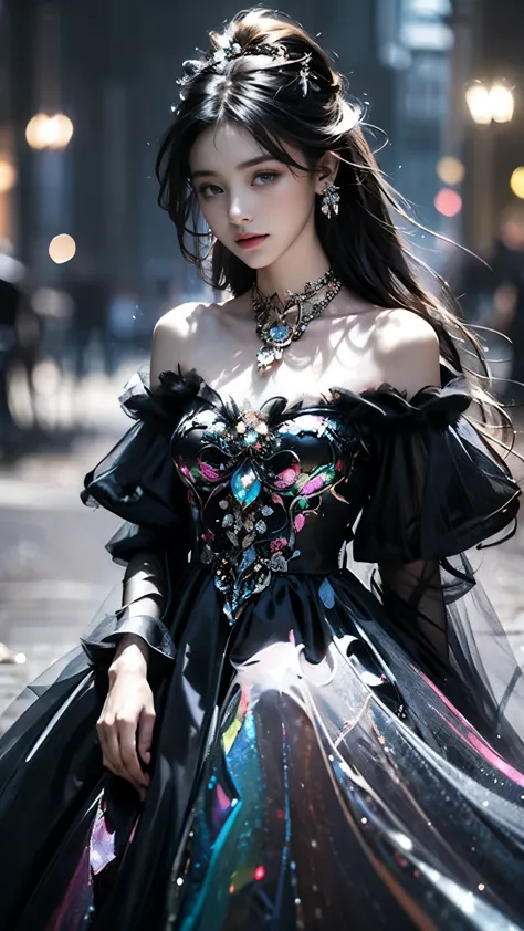 8K, ultra hd, masterpiece, 1 girl, (ibeautiful face:1.4), detailed eyes, very long hair, impressive hairstyle, earings, necklace, small breasts, (black dress:1.5), (fantasy dress:1.5) Light-colored foundation brings out the transparency of the skin, (in th...