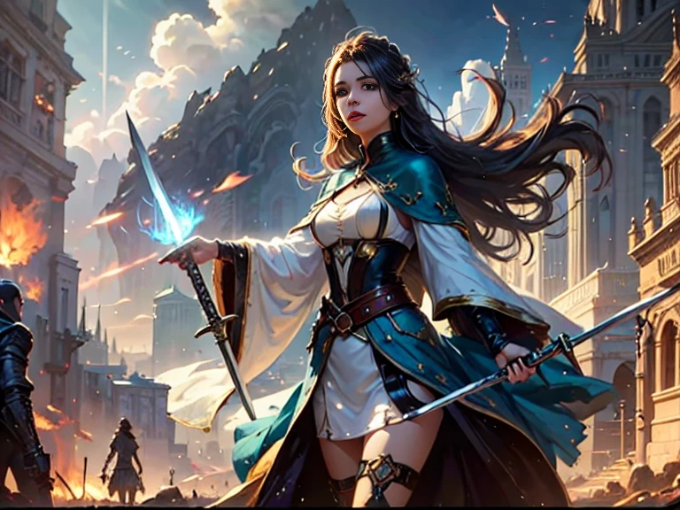 A woman in a white dress holds a sword and sword, fantasy character art, WLOP 和Ross Tran, epic fantasy character art, Fantasy Card Game Art, magic the gathering style, artgerm and wlop, Artgerm Julie Bell Beeple, Magic gathers witches, Ross Tran (Ross Tran) and wlop, Graphic artist Magalivilleneuve