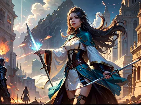 A woman in a white dress holds a sword and sword, fantasy character art, WLOP 和Ross Tran, epic fantasy character art, Fantasy Ca...