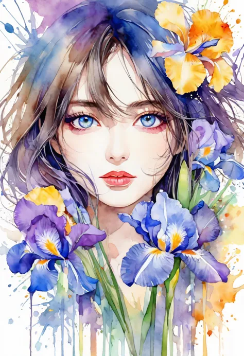 beautiful woman portrait, sylvia pelissero watercolors, irises flower、beautiful eyes、 abstract art, intense watercolor, watercol...