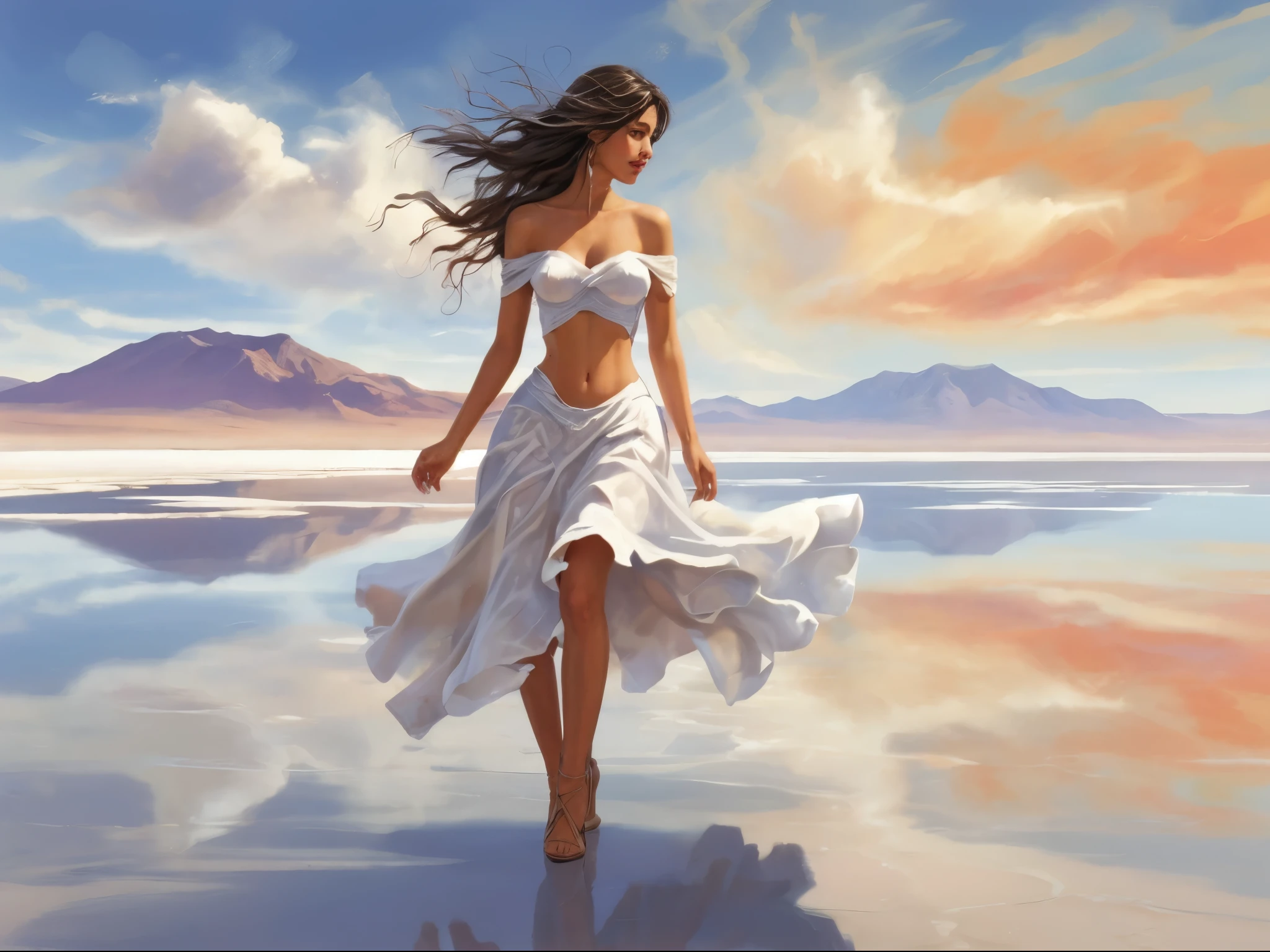 Image illustration for the song "Land of New Journey Time", the beautiful scenery of the Salar de Uyuni (Bolivia), the sky reflected undisturbed on the surface of the lake, a beautiful woman dancing, a soothing, fantastic and realistic expression, Chagall Artistic expressions, random compositions, fantasy illustrations, fairy tales, ((highest quality)), ((high resolution 16k)), ((background is realistic and beautiful)), --Automatic